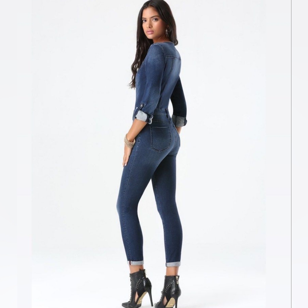 Bebe - Amazing Black Stretchy Denim Moto Jumpsuit Catsuit